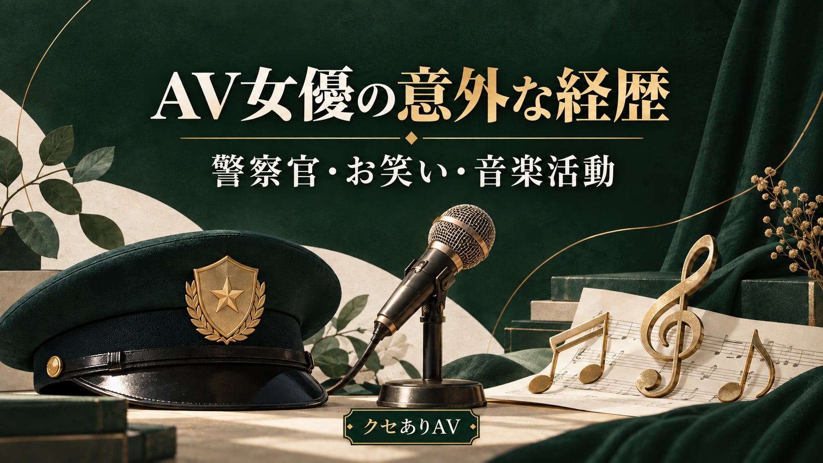 警察帽とマイク、音符を配置した「AV女優の意外な経歴」の特集画像